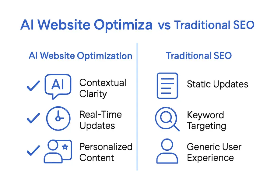 Infographic comparing AI website optimization and traditional SEO features