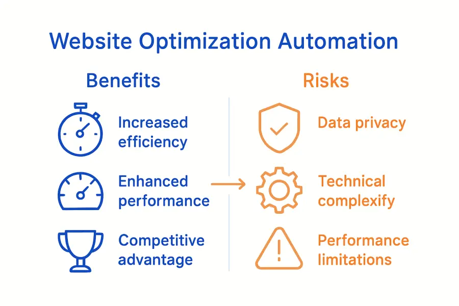Infographic comparing benefits and risks of website automation.