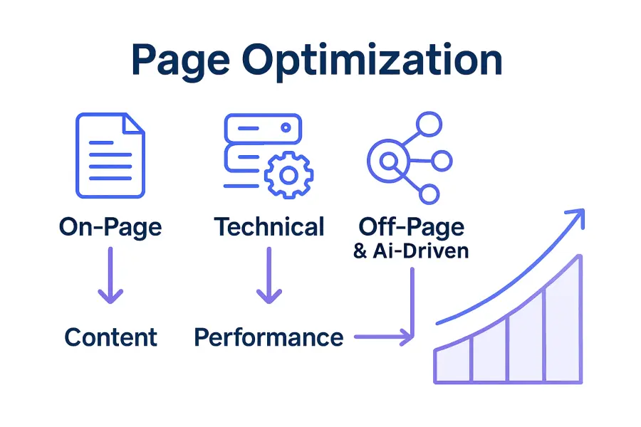 Infographic comparing main types of page optimization: On-Page, Technical, Off-Page and AI-Driven.