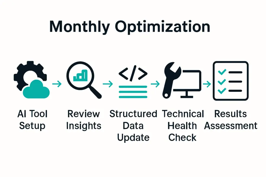 Infographic showing five monthly website optimization steps with icons: setup, insight review, structure data, technical check, results assessment.